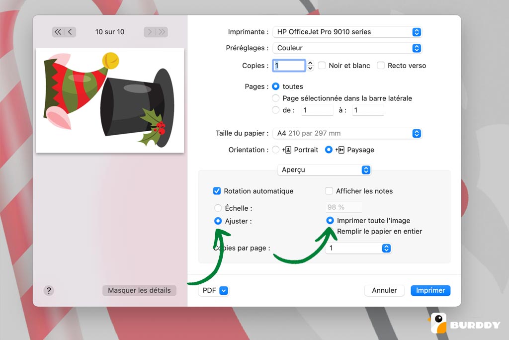 Pensez à imprimer vos accessoires en ajustant l'impression à l'image entière